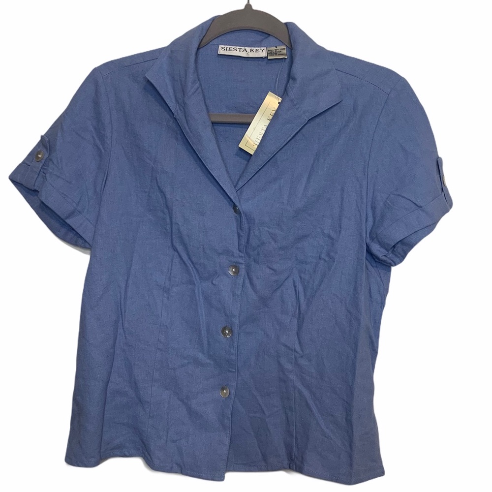 Siesta Key Linen V Neck Button Down Top Blue S NWT